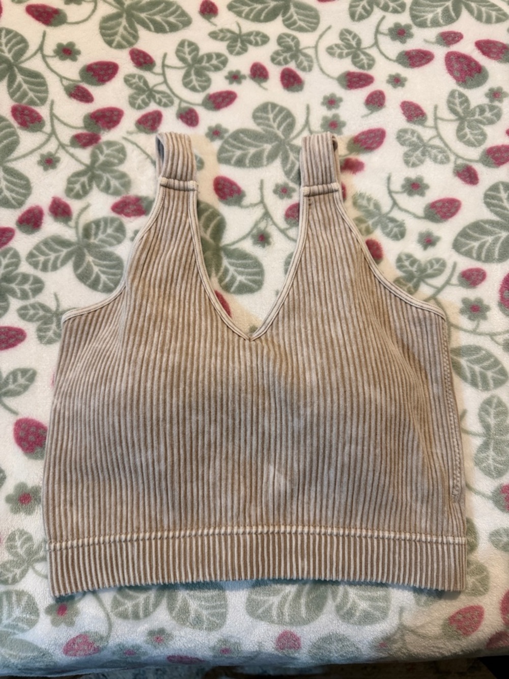 Zenana Outfitters Beige Ribbed V-Neck Crop Tank with built in bra